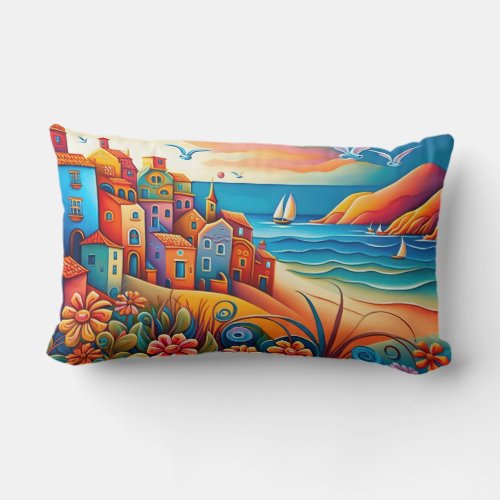Colorful Hillside Houses Ocean Seagulls Boats Lumbar Pillow