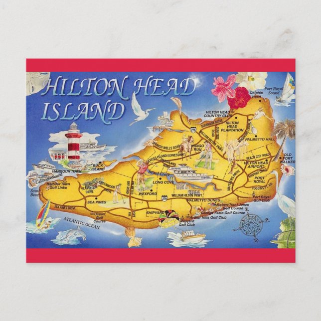 Colorful Hilton Head SC Map Postcard (Front)
