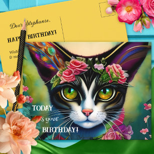 Colorful Hippie Crazy Cat Lady Birthday Postcard