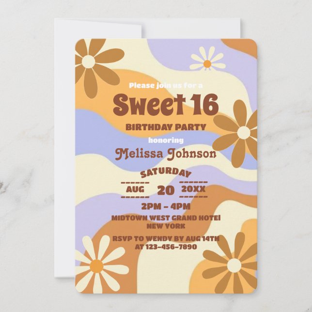 Colorful Hippie Flower Retro Groovy Sweet 16 Invitation (Front)