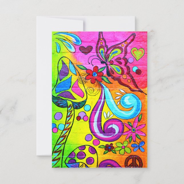 Colorful hippie mushroom butterfly invitation (Front)