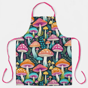 Colorful Hippie Mushrooms Floral In Pinks And Blue Apron