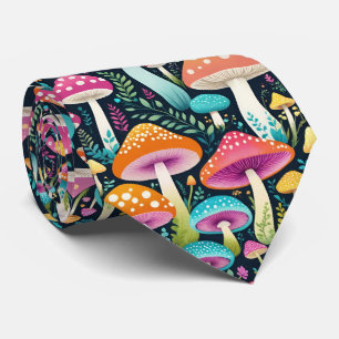 Colorful Hippie Mushrooms Floral In Pinks And Blue Neck Tie