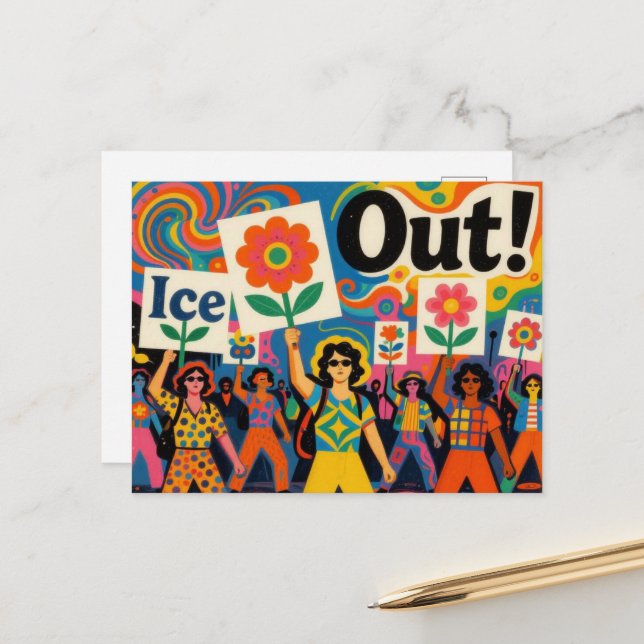 Colorful Hippie People Ice Out Protest Art Postcard (Front/Back In Situ)
