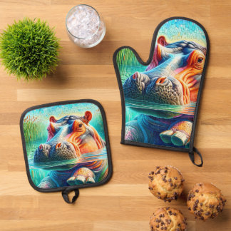 Colorful Hippo  Oven Mitt & Pot Holder Set