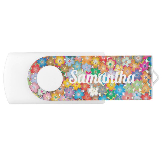 Colorful Hippy Flower Power Pattern Personalised Flash Drive (Front)