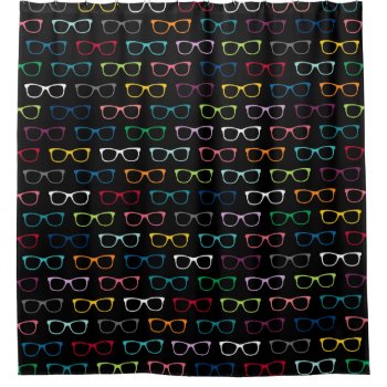 Colorful Hipster Eye Glasses Pattern Black Shower Curtain by whimsydesigns at Zazzle