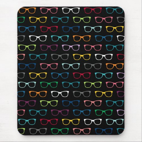 Colorful HIpster Glasses Pattern Black Mouse Pad