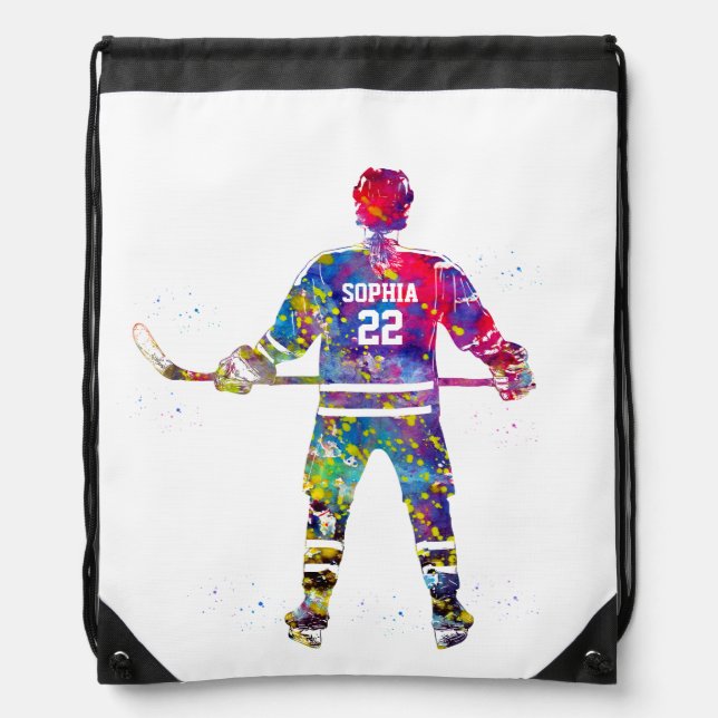 Colorful Hockey Player Drawstring Bag (Front)