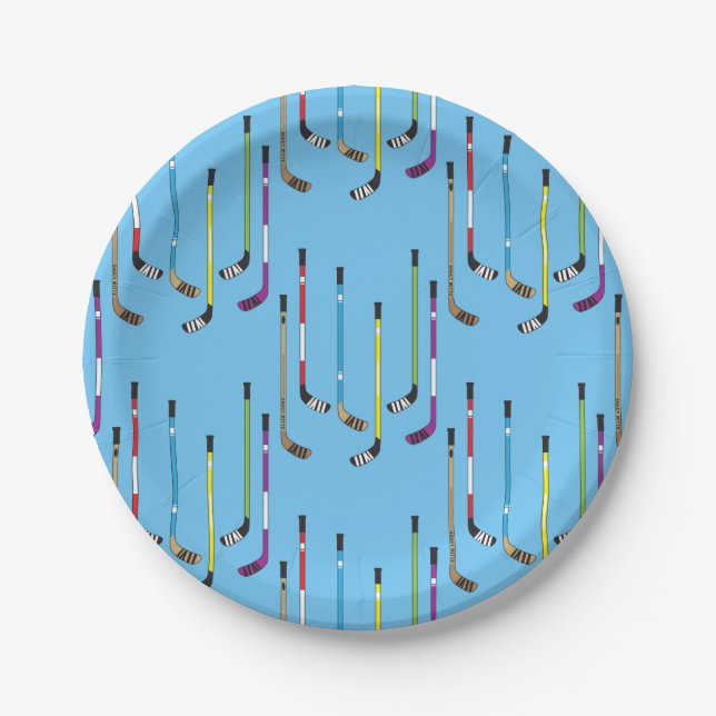 Colorful Hockey Sticks and Puck Paper Plates (Front)