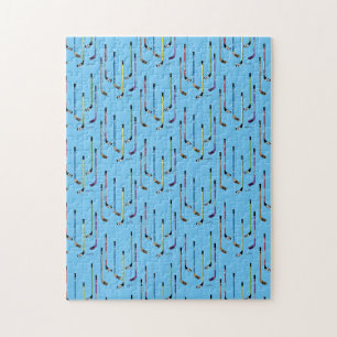 Colorful Hockey Sticks Blue Background Jigsaw Puzzle