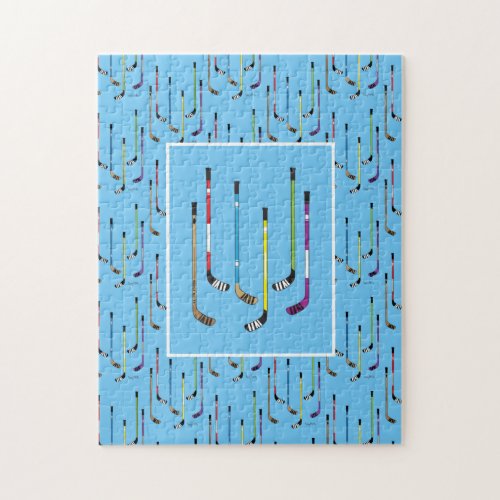 Colorful Hockey Sticks Blue Background Jigsaw Puzzle