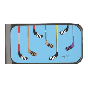 Colorful Hockey Sticks on blue Gunmetal Finish Money Clip