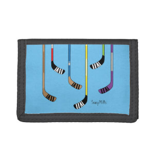 Colorful Hockey Sticks on blue Trifold Wallet