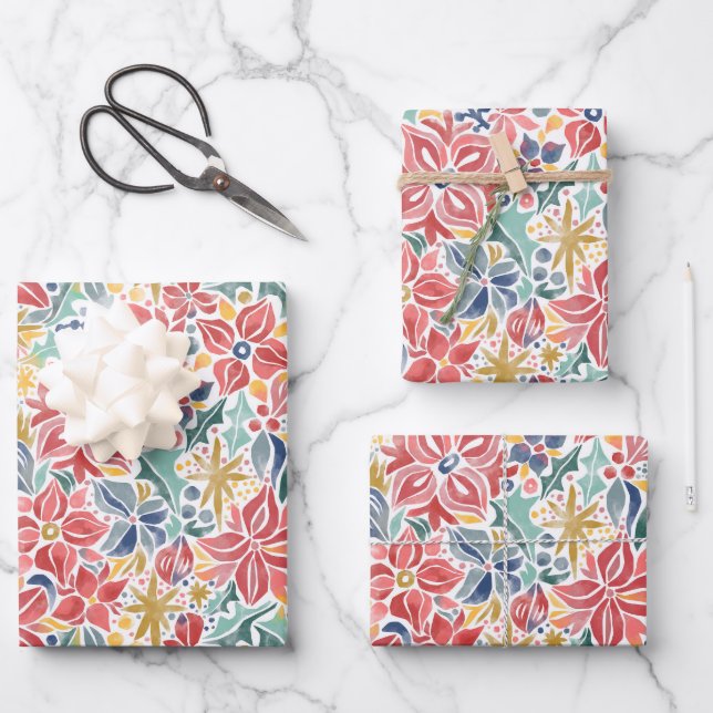 Colorful Holiday Floral Wrapping Paper Sheets (Front)