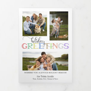 Colorful Holiday Greetings Typography 3-Photo Tri-Fold Card
