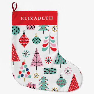 Colorful Holiday Pattern | Cute Modern Winter Tree Large Christmas Stocking