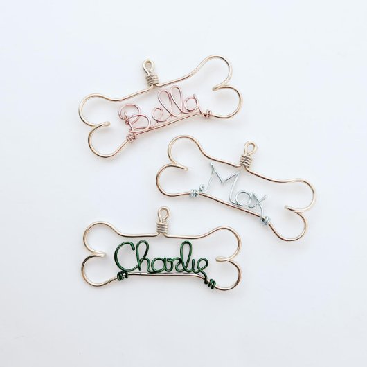 Colorful Holiday Wire Dog Bone Christmas Ornament (Front)