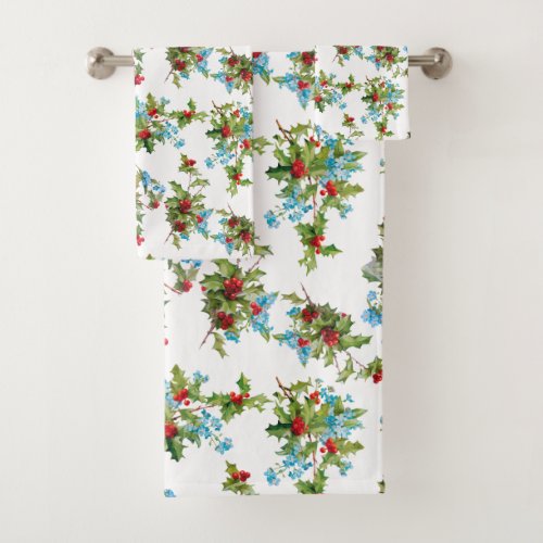 Colorful Holly and Blue Forget Me Nots Bath Towel Set
