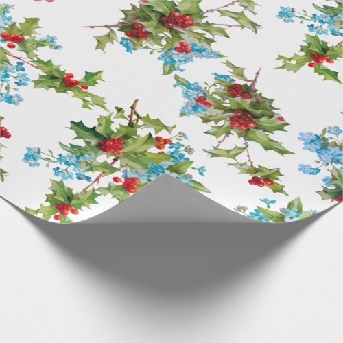 Colorful Holly and Blue Forget Me Nots Wrapping Paper