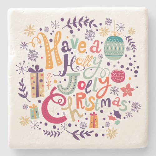 Colorful Holly Jolly Christmas Stone Coaster