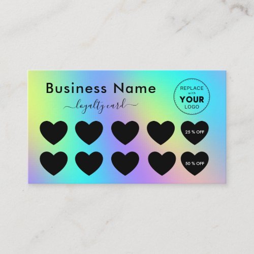 Colorful Holograph Black Hearts Add Logo Beauty  Loyalty Card