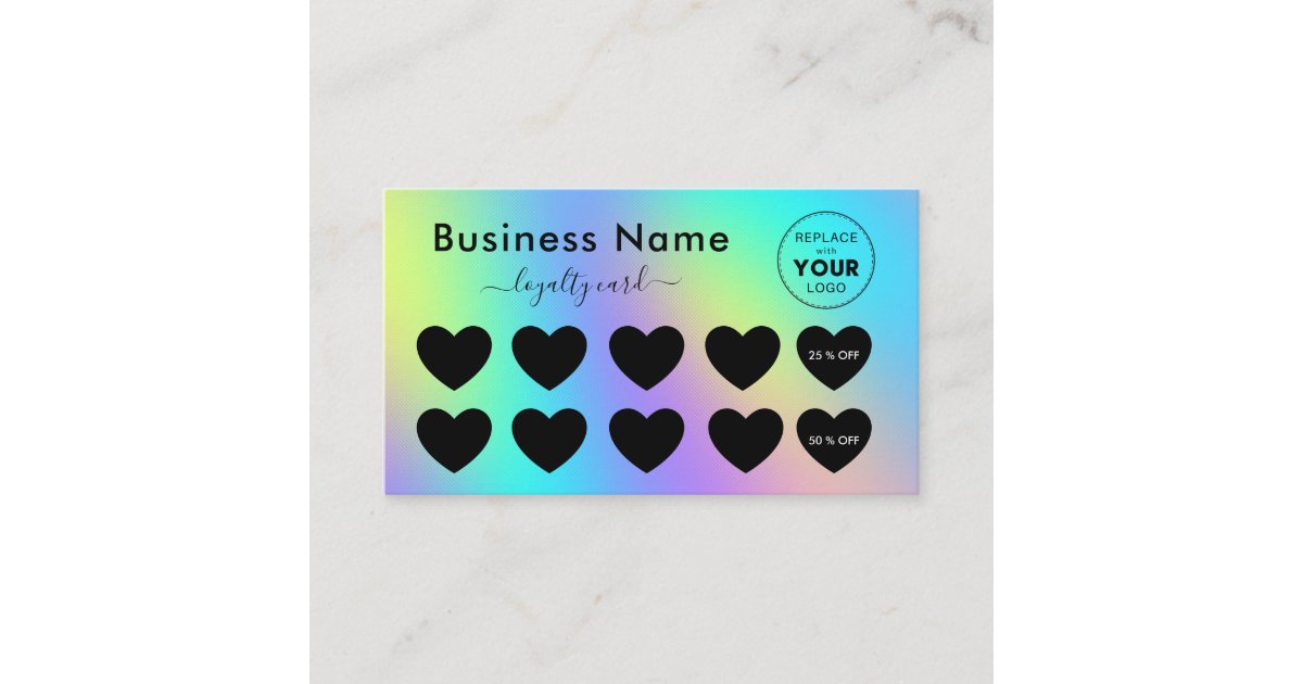 Colorful Holograph Black Hearts Add Logo Beauty Loyalty Card | Zazzle
