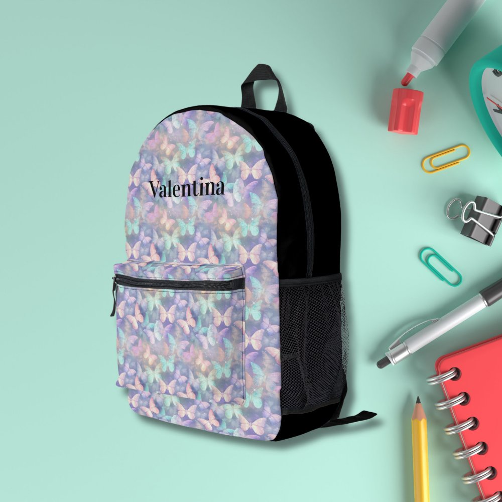 Colorful Holographic Butterflies Modern Monogram Custom Name Printed Backpack