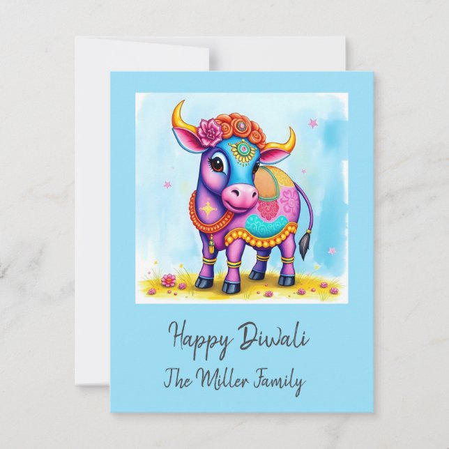Colorful Holy Diwali Cows in Festive Disguises Holiday Card (Front)
