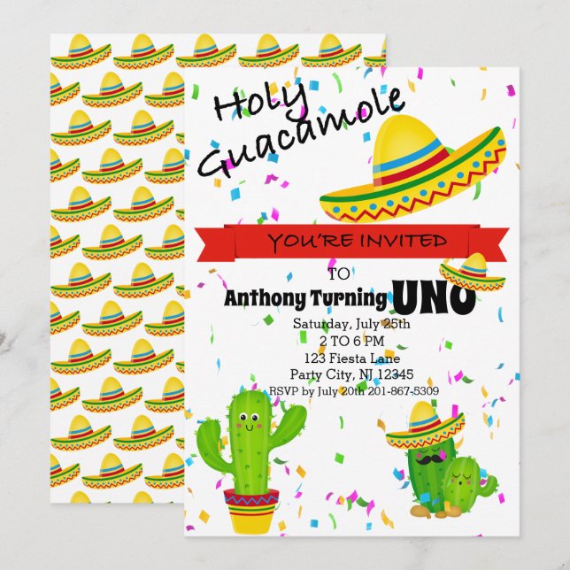 Colorful Holy Guacamole First Birthday Party Invitation (Front/Back)