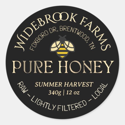 Colorful Honeybee Logo Pure Honey Black Gold Classic Round Sticker