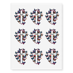 Colorful "Hope Faith Peace" Cross & Butterflies Temporary Tattoos