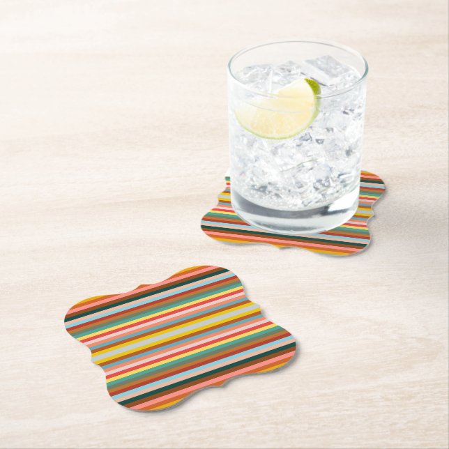 Colorful Horizontal Retro Stripes  Paper Coaster (Insitu)
