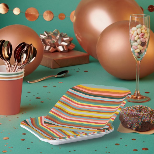 Colorful Horizontal Retro Stripes  Paper Plates (Multi)