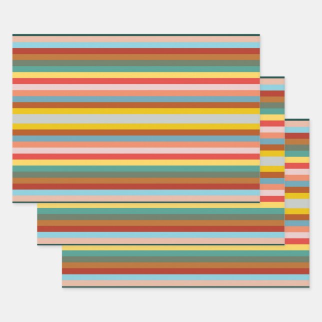 Colorful Horizontal Retro Stripes  Wrapping Paper Sheets (Set)