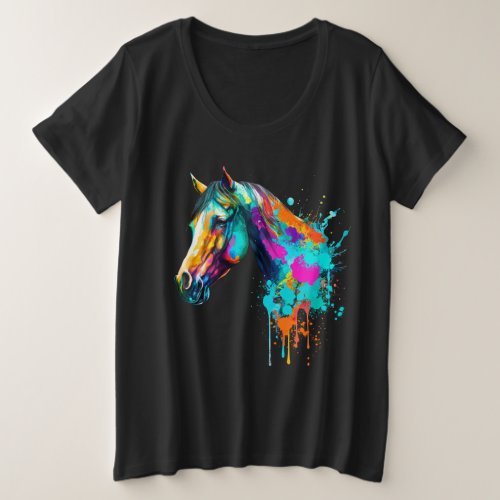 colorful horse design in watercolor plus size T_Shirt