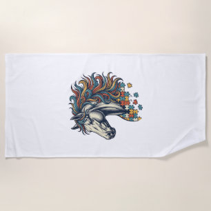 Colorful Horse Puzzle Piece Vintage Engraving T-Sh Beach Towel