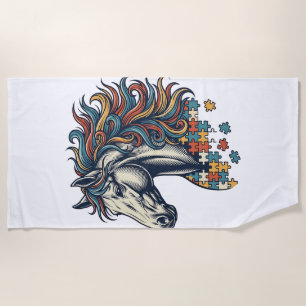 Colorful Horse Puzzle Piece Vintage Engraving T-Sh Beach Towel