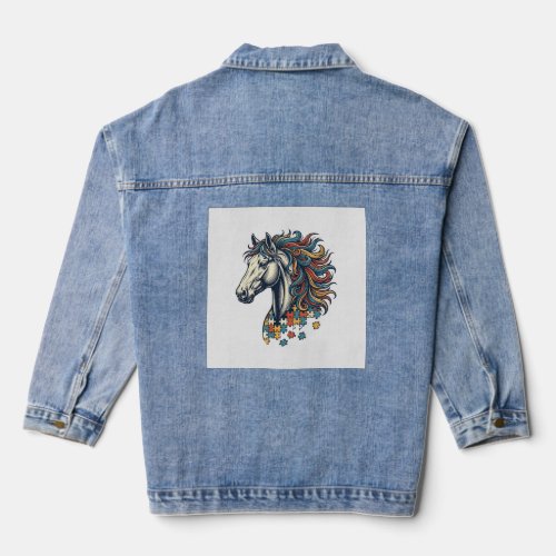 Colorful Horse Puzzle Piece Vintage Engraving T-Sh Denim Jacket