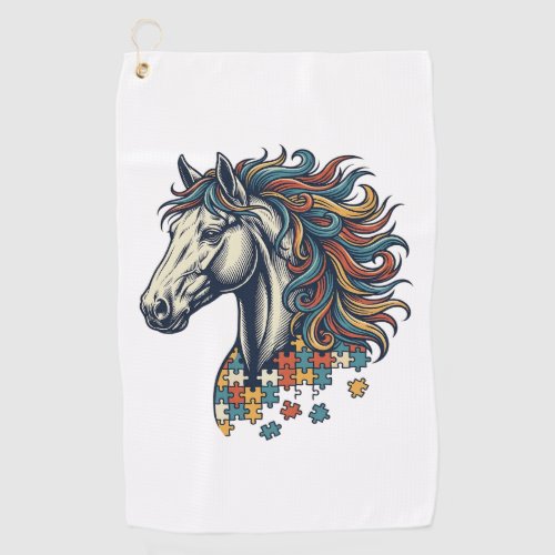 Colorful Horse Puzzle Piece Vintage Engraving T-Sh Golf Towel