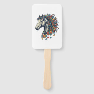 Colorful Horse Puzzle Piece Vintage Engraving T-Sh Hand Fan