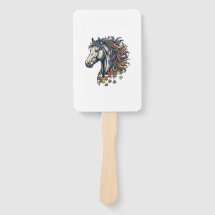 Colorful Horse Puzzle Piece Vintage Engraving T-Sh Hand Fan