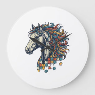 Colorful Horse Puzzle Piece Vintage Engraving T-Sh Large Clock