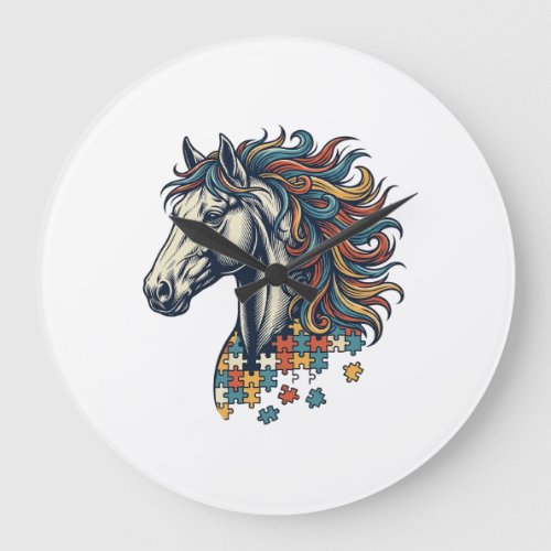 Colorful Horse Puzzle Piece Vintage Engraving T-Sh Large Clock