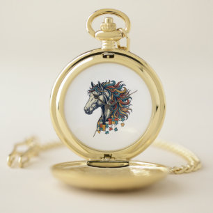 Colorful Horse Puzzle Piece Vintage Engraving T-Sh Pocket Watch