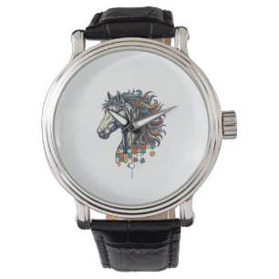 Colorful Horse Puzzle Piece Vintage Engraving T-Sh Watch