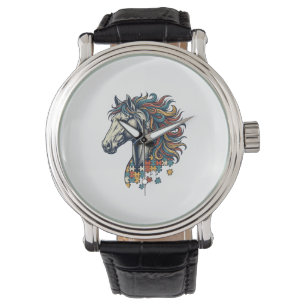 Colorful Horse Puzzle Piece Vintage Engraving T-Sh Watch