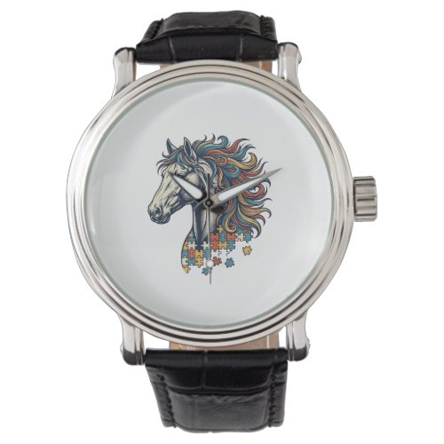Colorful Horse Puzzle Piece Vintage Engraving T-Sh Watch