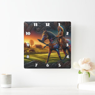 Colorful Horse Rider in Vibrant Sunset Landscape Square Wall Clock