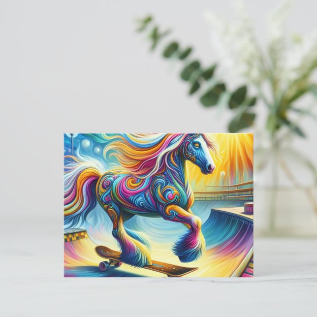 Colorful Horse Skateboarding Postcard (Standing Front)